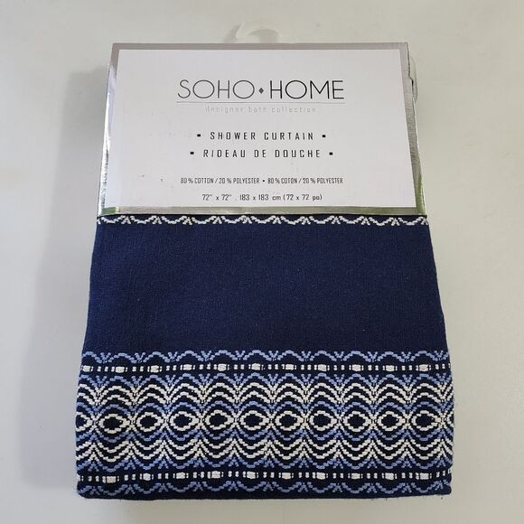 Soho‎ Home Dark Blue Shower Curtain Embroidered Stripes 72x72in - Picture 9 of 11
